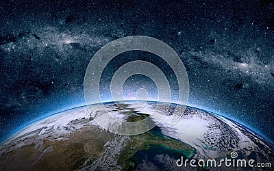 Earth in the space. Stars on the background. Place for text and infographics. Elements of this image furnished by NASA. Stock Photo