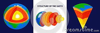 Earth structure design concept set of three square colored icons with cross section layers isometric vector illustration Vector Illustration