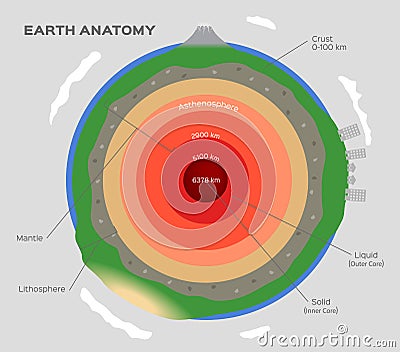 Earth structure on white. Crust upper lower mantle outer and inner core Stock vector Vector Illustration