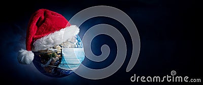 Earth With Surgical Mask and Santa Hat BANNER - Virus Infection Covid 19 - World with Coronavirus - Christmas Concept 3D Stock Photo