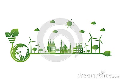 Earth symbol with green leaves around.Ecology.Green cities help the world with eco-friendly concept ideas Vector Illustration