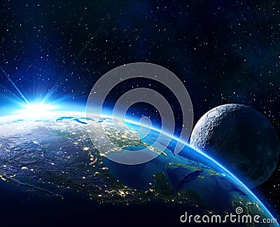 Earth Usa, horizon and moon Stock Photo