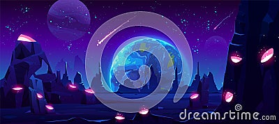 Earth view at night from alien planet, neon space Vector Illustration