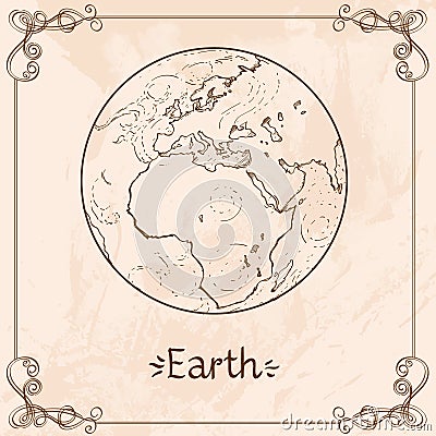 Earth. Vintage stylized outline drawing of the Earth. The symbols of astrology and astronomy Stock Photo