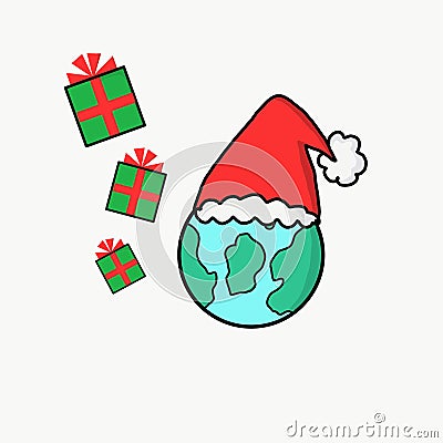 The earth wear red santa claus hat with three gift box on white background, cartoon illustrator. Merry christmas concept Stock Photo