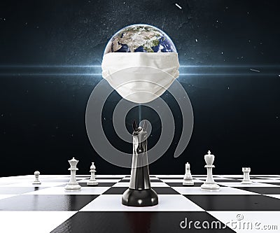 Earth wearing Mask protection with Chess on the chessboard. Chess business concept, leader & success. Stock Photo