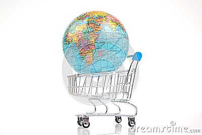 earth world globe in a grocery basket with dollars on a white background. the concept of the sale of land resources. worldwide Stock Photo