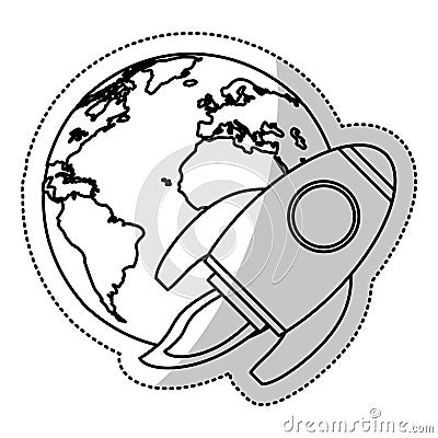 earth world rocket flying space outline Cartoon Illustration