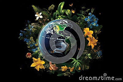 The Earth Wrapped in Leaves and Flowers, Generative AI Stock Photo