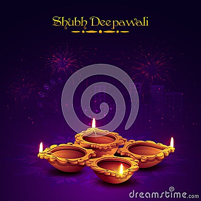 Earthen lit lamp for Diwali Celebration. Cartoon Illustration