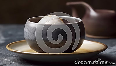 Earthenware bowl holds steamed dessert, tea set in background generated by AI Stock Photo