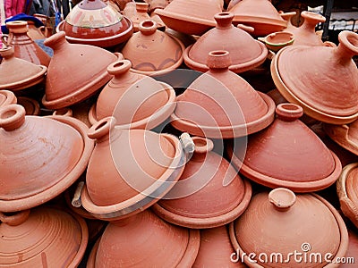 Earthenware tajine pots for sale in souk of Marrakech, Morocco. Stock Photo
