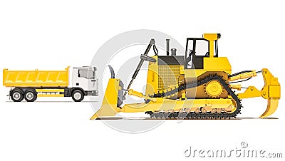 Earthmover and Dump Truck on White Background Stock Photo