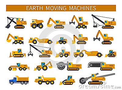 Earthmoving machines icons set Vector Illustration