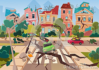 Earthquake accident in city, natural disaster destroying buildings, roads and cars Cartoon Illustration