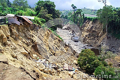 The uplift and resulting mountain building and erosion from earthquakes, along with the effects of landslides tend to expose new s Stock Photo