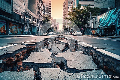 Earthquake cracked road street in city. Generative AI Stock Photo