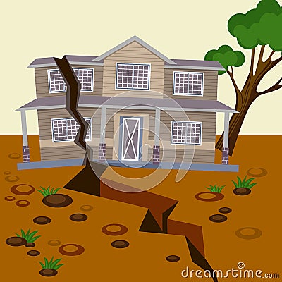 Earthquake damaged house and ground splitted in two parts Vector Illustration