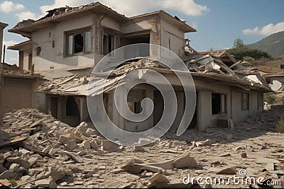 Earthquake, Destroyed house after shocks Stock Photo