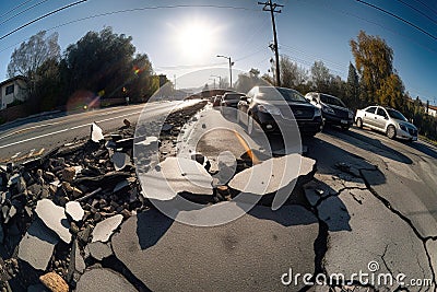 The earthquake that destroyed road near living houses. Generative Ai Stock Photo