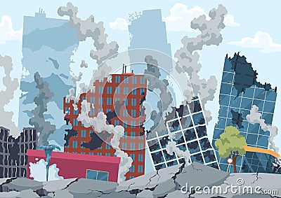 Earthquake destruction buildings and cracked the ground, houses and street. Natural disasters. City panorama with Vector Illustration