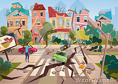 Earthquake Disaster with realistic ground crevices and small destroyed town houses vector illustration design. Vector Illustration