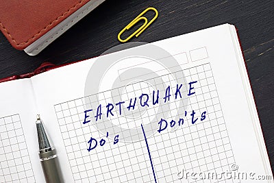 EARTHQUAKE Do`s and Don`ts sign on the sheet Stock Photo