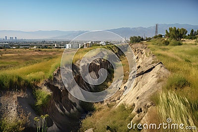 earthquake fault line, with view of the ground breaking and shifting during quake Stock Photo