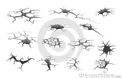 Earthquake ground crack. Hole in floor with cracking and earth destruction cracks, ruined wall with fracture structure Vector Illustration