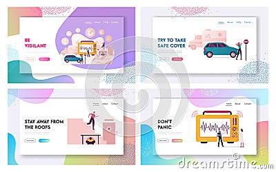 Earthquake Landing Page Template Set. Characters Evacuate from Crashing Building, Hiding under Table Vector Illustration