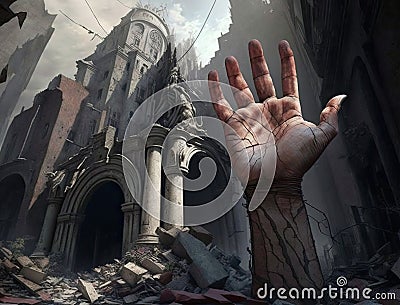 Earthquake survivor hand stretches out from under ruins of muslim buildings, earthquake surviving Stock Photo