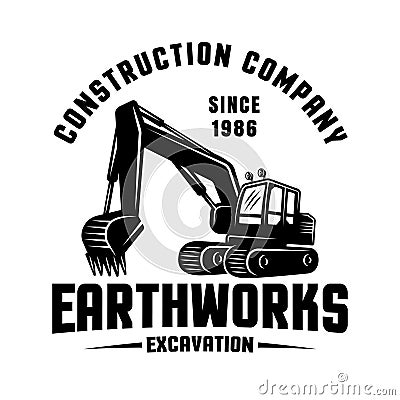 Earthworks vector black emblem with excavator Vector Illustration