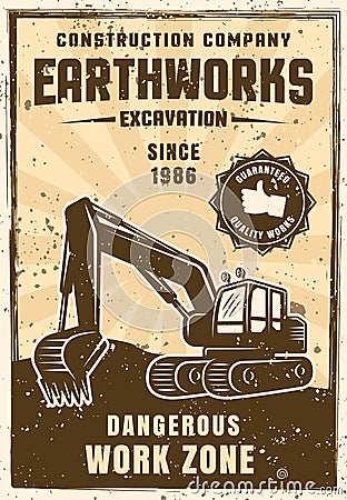 Earthworks vector vintage poster with excavator Vector Illustration