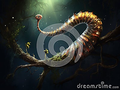 Earthworm on a branch Made With Generative AI illustration Cartoon Illustration