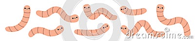 Earthworm set line. Worm insect icon. Cartoon funny kawaii baby animal character. Cute crawling bug collection. Smiling face. Pink Vector Illustration