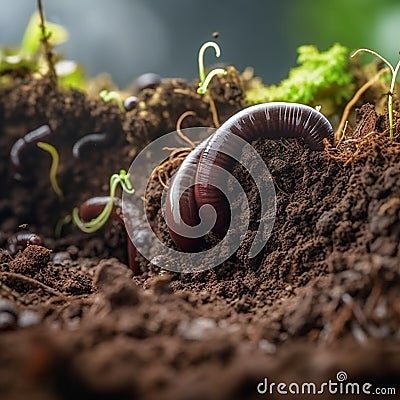 Earthworm on the surface of the soil, close-up Stock Photo