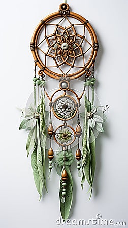 An earthy green dream catcher adorned with feathers Stock Photo
