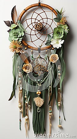 An earthy green dream catcher adorned with feathers and wooden beads Stock Photo