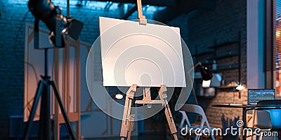 Easel With Blank Canvas Illuminated By Searchlight In Stylish Workshop. Empty Space. Copy Space. 3D rendering. Stock Photo