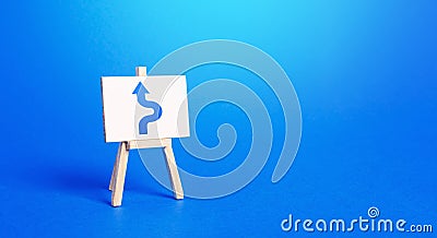 An easel with a blue arrow avoiding an obstacle. Maneuvering, taking right action. Deviation from the route, side mission. Stock Photo