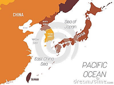 East Asia map - brown orange hue colored on dark background. High detailed political map of eastern region with country Vector Illustration