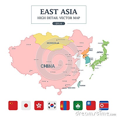 East Asia Map Full Color High Detail Separated all countries Vector Illustration
