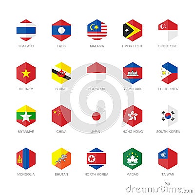 East Asia and south East Asia Flag Icons Hexagon Vector Illustration