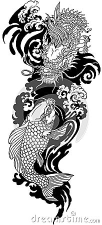 East Asian dragon and koi carp. Black and white Tattoo Vector Illustration