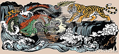 East Asian dragon versus tiger in the landscape Vector Illustration