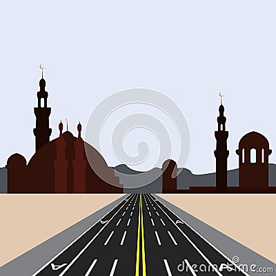 East city on the horizon. Direct road highway with markup. Dedicated lanes for public transport illustration Cartoon Illustration