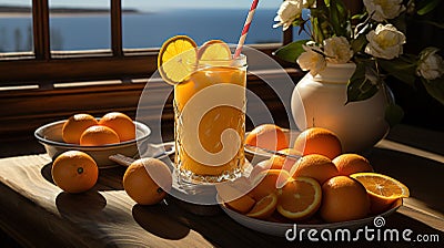 East Coast Orange Juice With Flower Vase on Table Top Blurry Background Stock Photo
