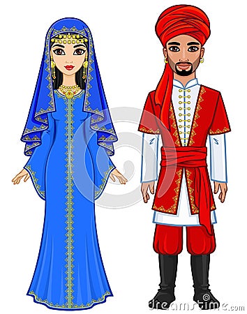 East fairy tale. Animation portrait of the Arab family in ancient clothes. Vector Illustration