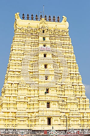 East Gopuram of Rameswaram Temple dedicated to Lord Shiva and built during the 17th Century, Rameswaram, Tamilnadu, Stock Photo