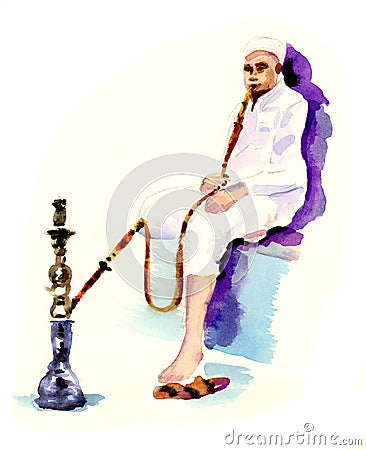 Oriental man in white clothes with a hookah Stock Photo